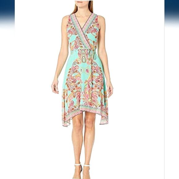Sandra Darren Women's Sleeveless V-Neck Faux Wrap Chiffon Dress sz 10 - Picture 1 of 15